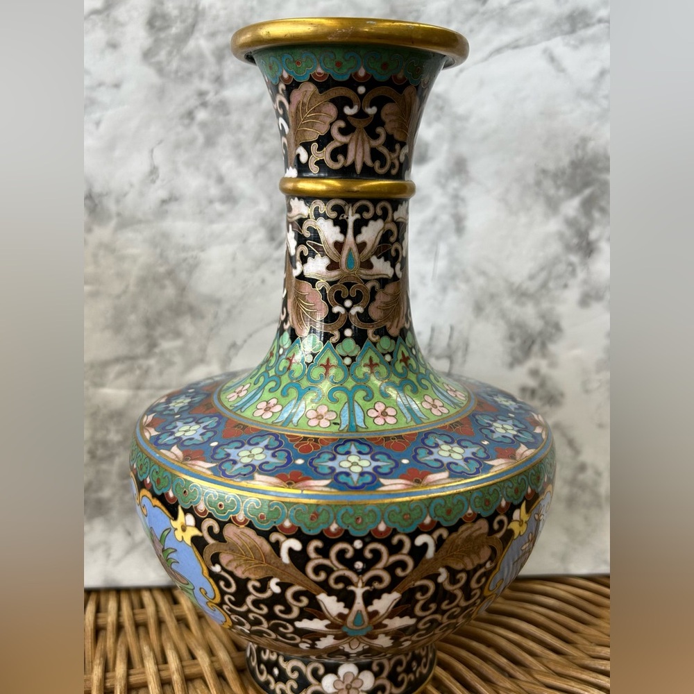 Chinese Cloisonne Brass And Enamel Vase, 8 1/4” in Tall
Width of opening 2 3/4”